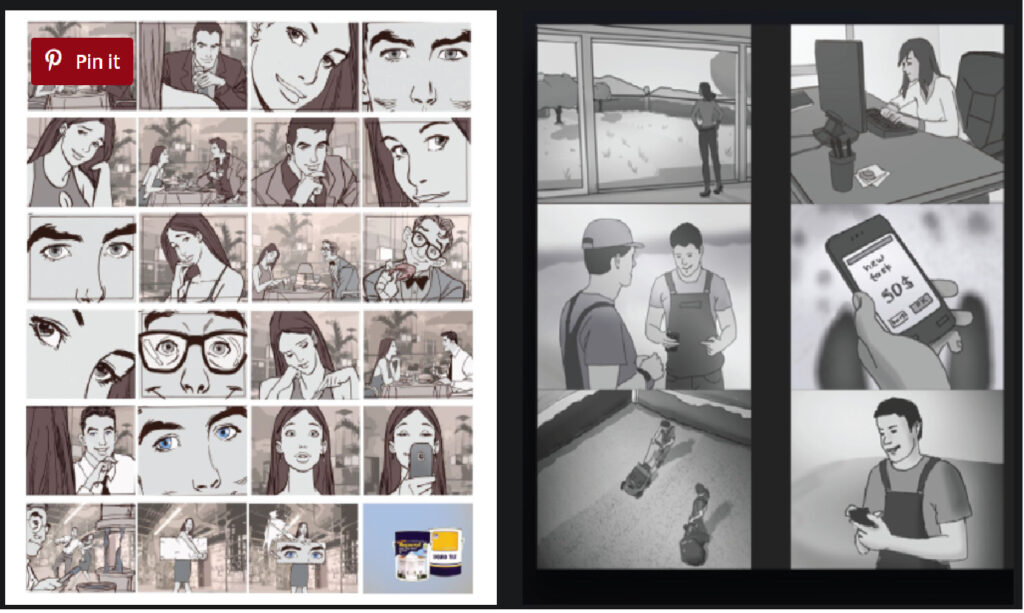 Hai ví dụ đơn giản về bảng phân cảnh Storyboard sử dụng trong ngành quảng cáo.