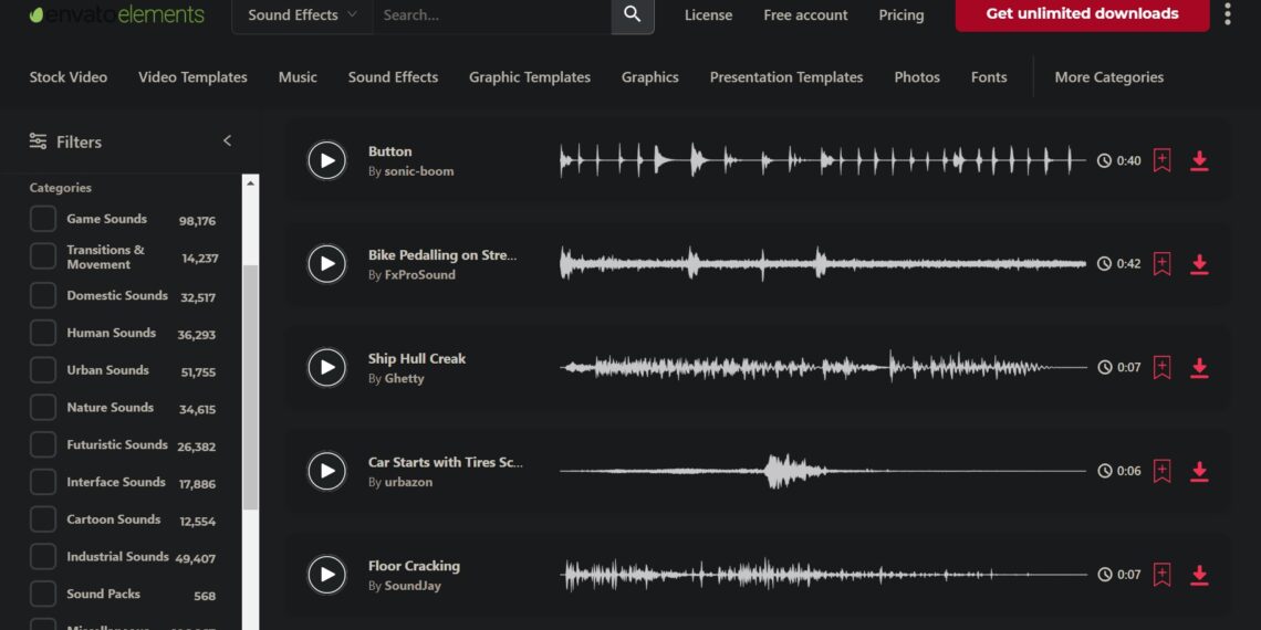 Envato Elements là trang web có những bộ sound effect miễn phí cực kỳ dễ dùng và đa dạng.